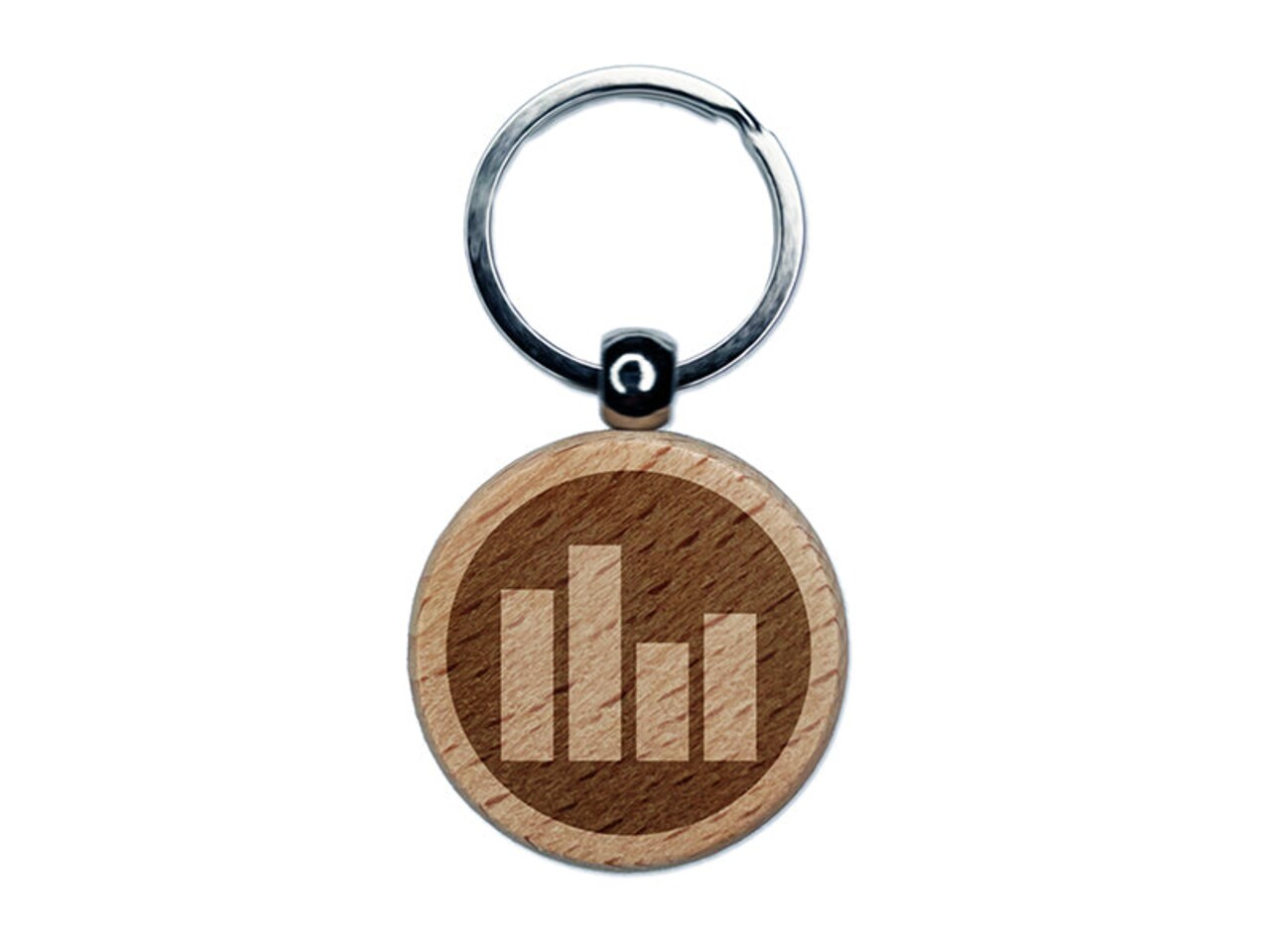 Bar Graph Icon in Circle Engraved Wood Round Keychain Tag Charm